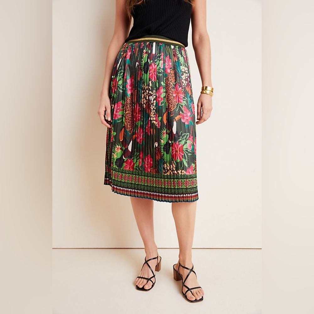 FARM Rio Black Pleated Midi Skirt with Pink & Green Floral Print